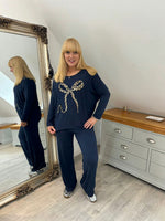 Navy Sequin Bow Soft Knit Zoe